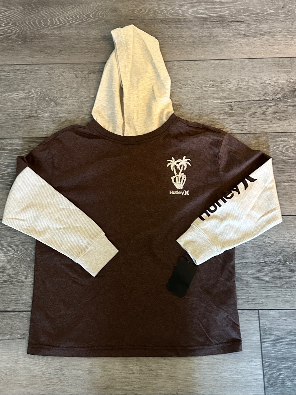 Hurley Brown and Heather Beige Palm Tree Hoodie Long Sleeve Shirt